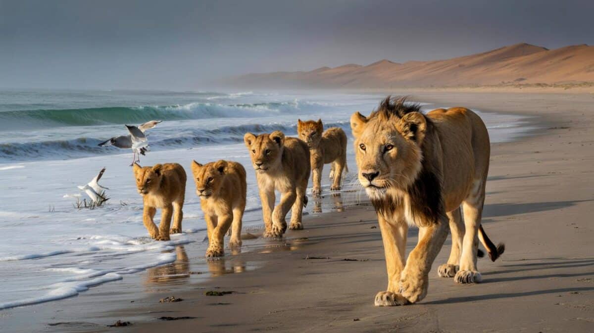 Photographer Documents World's Only Marine Lions, a Pack of Big Cats Who Left the Desert to Live on the Beach
